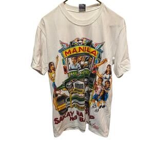 Vintage 90s Hand Painted Double Sided Philippines Jeepney T-Shirt White Men's L